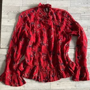 ASOS Red Floral Sheer Blouse Size 0‎ Long Sleeve